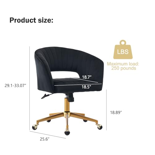 Velvet Office Desk Chair, Upholstered Home Office Desk Chairs with Adjustable Swivel Wheels, Ergonomic Office Chair for Living Room, Bedroom, Office, Vanity Study (Black) - color: Black