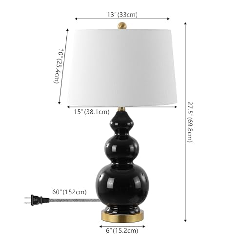 JONATHAN Y Bowen 27.5" Ceramic Triple Gourd Table Lamp, Black/Brass Gold | Contemporary, White Linen Drum Shade, Modern Transitional Style, Metal Base, LED Bulb Included - color: Black