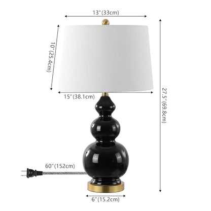 JONATHAN Y Bowen 27.5" Ceramic Triple Gourd Table Lamp, Black/Brass Gold | Contemporary, White Linen Drum Shade, Modern Transitional Style, Metal Base, LED Bulb Included - color: Black