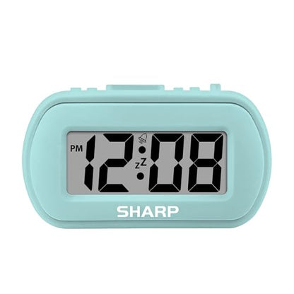 Sharp Battery Alarm Clock with Soft-Touch Case and Blue Backlight, Mint | Soft-touch rubberized case; Battery operated; Blue backlight on demand; Ascending alarm; Snooze; Easy to use - color: Mint