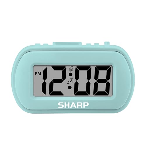 Sharp Battery Alarm Clock with Soft-Touch Case and Blue Backlight, Mint | Soft-touch rubberized case; Battery operated; Blue backlight on demand; Ascending alarm; Snooze; Easy to use - color: Mint