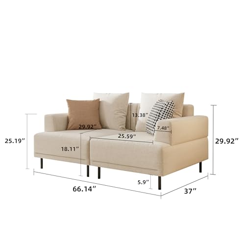 Upholstered Fabric 2-Seater Sofa Couch with Low Back, Beige | 66.1" Mid-Century Modern Loveseat with Wide Armrest, Metal Legs & Breathable Cushion, Suitable for Living Room, Bedroom - size: 66.1inch-2Seats