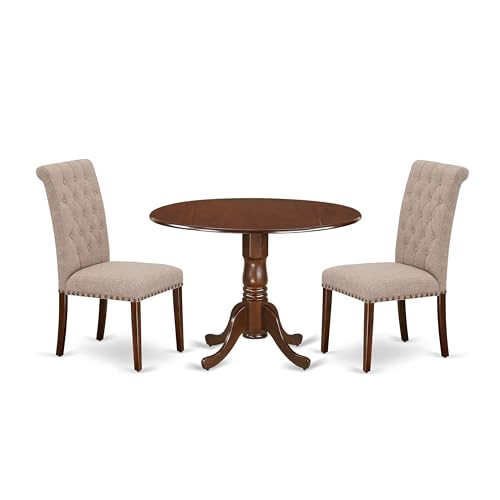 East West Furniture DLBR3-MAH-04 3 Piece Dining Room Furniture Set Contains a Round Dining Table with Dropleaf and 2 Light Tan Linen Fabric Parsons Chairs, 42x42 Inch, Mahogany - color: Dlbr3-mah-04