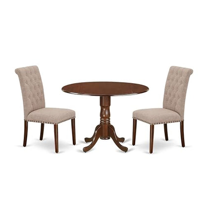 East West Furniture DLBR3-MAH-04 3 Piece Dining Room Furniture Set Contains a Round Dining Table with Dropleaf and 2 Light Tan Linen Fabric Parsons Chairs, 42x42 Inch, Mahogany - color: Dlbr3-mah-04