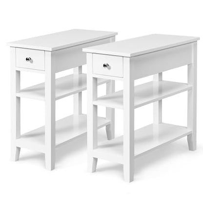 Narrow Side Table, 3-Tier Bedside Table with Drawer and Shelves, Tall Skinny Nightstand for Living Room, Bedroom, Small End Table for Small Spaces (2, White)