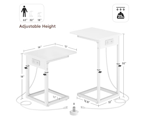 C Shaped End Table with Charging Station, C Table End Table Adjustable Height Sofa Table, Side Table for Couch, Couch Table that Slide Under, TV Tray Arm Table for Living Room,Bedroom, White - color: White, style: Charging Station