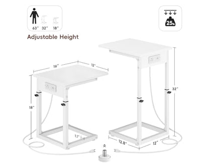 C Shaped End Table with Charging Station, C Table End Table Adjustable Height Sofa Table, Side Table for Couch, Couch Table that Slide Under, TV Tray Arm Table for Living Room,Bedroom, White - color: White, style: Charging Station