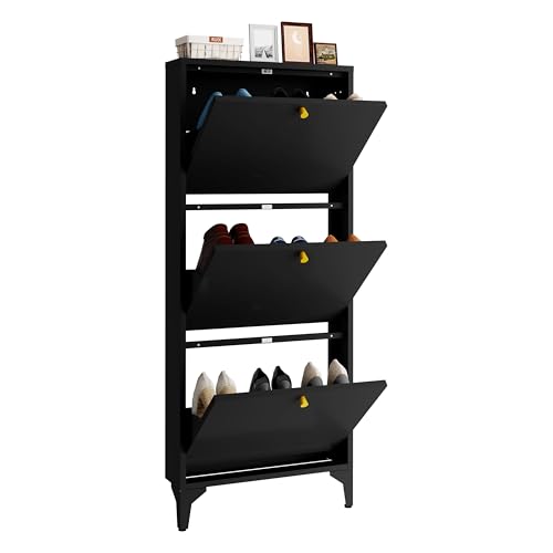 Slim Shoe Cabinet with 3 Flip Drawers,Narrow Shoe Cabinet,Freestanding Organizer,Metal Hidden Shoe Storage for Entryway,Hallway,Living Room(Width 19.69, Black) - color: Black, style: 3 door width 500