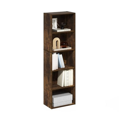 Furinno LUDER Book Shelf, 5-Tier Bookshelf, Bookcase with Open Shelves, 9.4 x 15.8 x 52, Easy Assembly, for Living Room, Bedroom, Home Office, Amber Pine - color: Amber Pine, size: 5-Tier