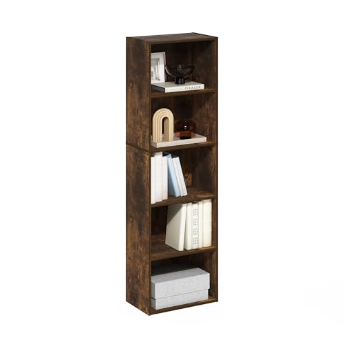 Furinno LUDER Book Shelf, 5-Tier Bookshelf, Bookcase with Open Shelves, 9.4 x 15.8 x 52, Easy Assembly, for Living Room, Bedroom, Home Office, Amber Pine - color: Amber Pine, size: 5-Tier