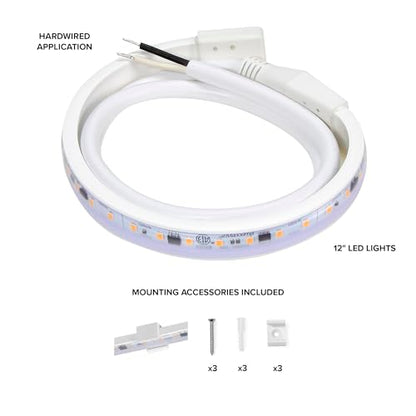 Maxxima 12 in. Hardwired LED Under Cabinet Strip Light, 460 Lumens, 3000K | Warm White, Kitchen and Living Room 120V White Cove Lighting, No Power Supply Needed - size: 12 Inch