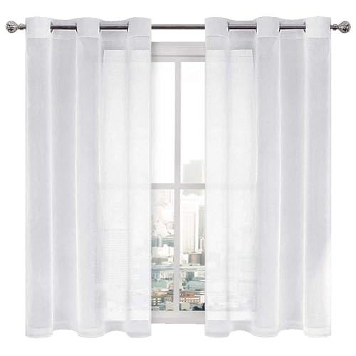DWCN White Faux Linen Sheer Curtains - Grommet Voile Window Curtain Drapes for Bedroom Living Room 46 x 45 inch Length, Set of 2 - color: White, size: 46"W x 45"L (Pack of 2)