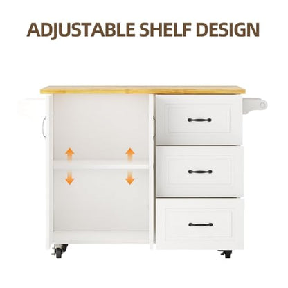 4 EVER WINNER 43" Kitchen Island with Drop Leaf, Rolling Kitchen Island | Modern Design, 4 Wheels, 3 Storage Drawers, Spice Rack & Towel Rack, for Kitchen Dining Room, White - style: Modern