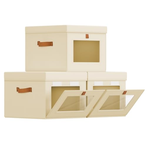 Storage Bins with Lid – Closet Organizer with Side Opening and Clear Window, Foldable Stackable Fabric Basket for Clothes Storage, Bedroom, Nursery, Office, 3 Pack, Beige - color: Beige, size: 13.7 Inch-3 Pack
