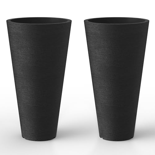 Kante Set of 2 Black Plastic Round Planters 23" Tall Home & Outdoor | Tapered, Nursery Pot & Outer Cachepot, Indoor Use, Modern Garden Decor, Weather-Resistant, Drainage, Lightweight, Durable - color: Black, size: 23" H