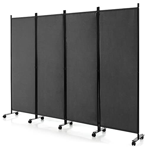 GOFLAME 4 Panel Folding Room Divider, 6FT Rolling Privacy Screen with Lockable Wheels, Portable Room Partition Screen, Freestanding Wall Divider and Separator for Home Office, Grey - color: Grey, size: 4-Panel