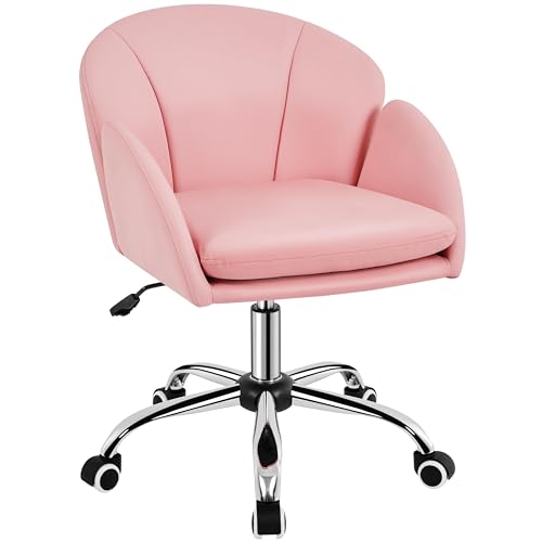 Yaheetech Simple Pink Petal Faux Leather Vanity Desk Chair, Swivel Wheels | Easy-clean faux leather cushioned seat fits makeup vanity, nail salon or office desks; adjustable height, swivel, fast setup. - color: Simple Pink