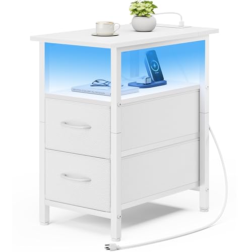 White Nightstand with Charging Station and LED Lights, Narrow Side Table, LED Night Stand with 2 Fabric Drawers, Bedside Table with USB Ports and Outlets, Tall Nightstand for Bedroom, White - color: White, size: 1, style: With LEDs