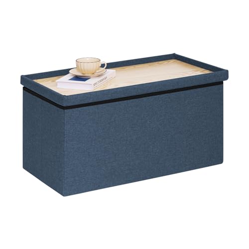 PINPLUS Folding Storage Ottoman Bench,Storage Ottoman with Lid Tray, 30 inches Ottoman Coffee Table Cube Chair Foot Rest Stool Storage Chest for Living Room Bedroom, Holds up to 550 lb - color: Dark Blue