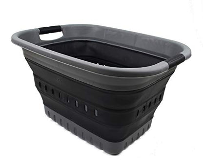 SAMMART 37L (9.77 gallon) Collapsible Plastic Laundry Basket - Foldable Pop Up Storage Container/Organizer - Space Saving Hamper/Basket (1, Grey/Black) - color: Grey/Black