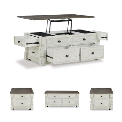 Signature Design by Ashley Havalance Lift-Top Coffee Table with Storage | Pine wood, Pine veneer and engineered wood, Two-tone distressed finish, 4 storage drawers, Casters, White and gray