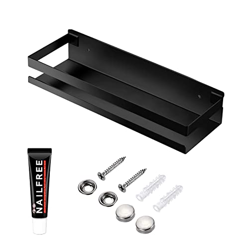 Rustproof Metal Storage Floating Shelves Wall Mounted Rectangular Shelf for Bedroom,Bathroom, Living Room, Kitchen, and Laundry Room,Nail-Free Wall-Mounted Shelves（11.8 Inch Black） - color: Black, size: 11.8in（30cm)