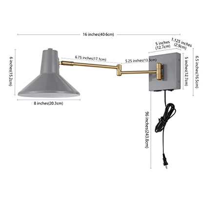 JONATHAN Y Hygge 1-Light Modern Swing Arm USB Sconce 8", Grey/Brass Gold | Metal Construction, Plug-In Midcentury Bedside Wall Lamp, Cone Shade, Adjustable Head, LED Bulb Included - color: Grey/Brass Gold