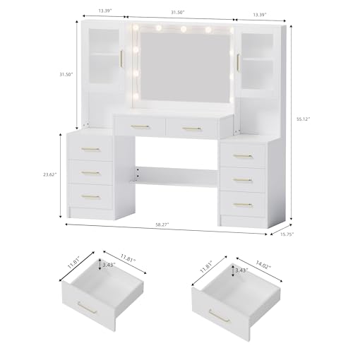 TOKSOM 58.3”Vanity Desk with Mirror and Charging Station, Bedroom Dressing Table, Large Vanity Set, 8 Drawers and 2 Cabinets, Makeup Vanity Table with Charging Station, Without Lights - size: 58.3 inch, style: Modern White
