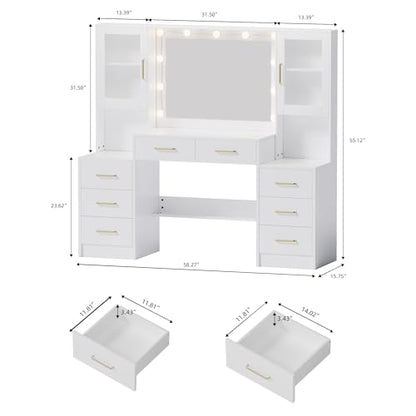 TOKSOM 58.3”Vanity Desk with Mirror and Charging Station, Bedroom Dressing Table, Large Vanity Set, 8 Drawers and 2 Cabinets, Makeup Vanity Table with Charging Station, Without Lights - size: 58.3 inch, style: Modern White