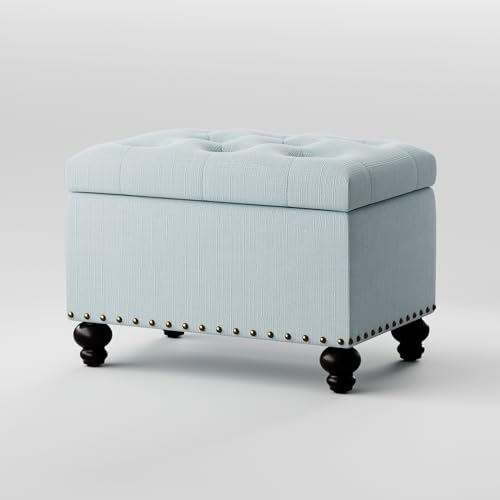 Zihanhome Small Ottoman with Storage, Upholstered Button Tufted Ottoman Foot Rest, Foot Stools, 24" Rectangle Bench with Storage for Living Room, Bedroom, Dorms and Apartments (Light Blue) - color: Light Blue