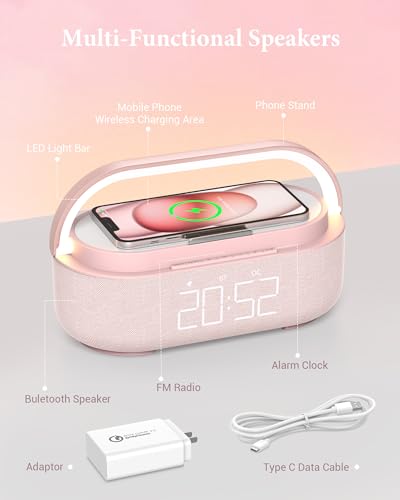 Bluetooth Speaker Alarm Clock & Wireless Charger for Bedside, Home, Office | FM Radio, Adjustable LED Night Light, 6 in 1 Bedroom Portable Speaker 2500mAh, Phone Stand - color: Pink