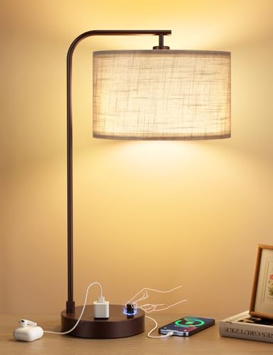 Innqoo Grey Tall Lamp for Bedroom with USB Port and Outlet, Dimmable Nightstand Bedside Lamps with Linen Lampshade, Desk Lamp for Home Office, Living Room, Guest Room, LED Bulb Included - color: H-Gray Shade & Brown Base