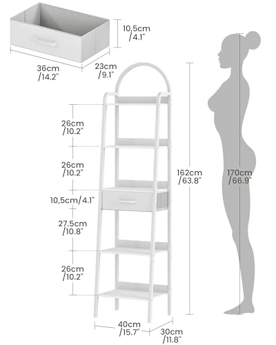 5 Tier Ladder Shelf with Drawer, Tall Ladder Bookshelf, Standing Bookcase with Metal Frame for Living Room, Bathroom, Home Office, Study, Balcony, White TCJ07WB - color: White