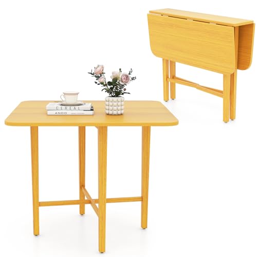 COSTWAY Square Drop Leaf Dining Table, 36" Compact Folding Kitchen Table | Solid Rubber Wood Legs, Farmhouse Extendable Table for for 2-4 People, Dining Room, Small Space, Apartment, Natural - color: Natural