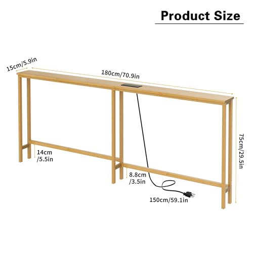 VASMIA 70.9 Inch Narrow Console Table with Outlet,Bamboo Behind Couch Sofa Table,Skinny Hallway Table for Entryway Living Room,Foyer,Natural - color: Natural, size: 5.91"D x 70.87"W x 29.52"H