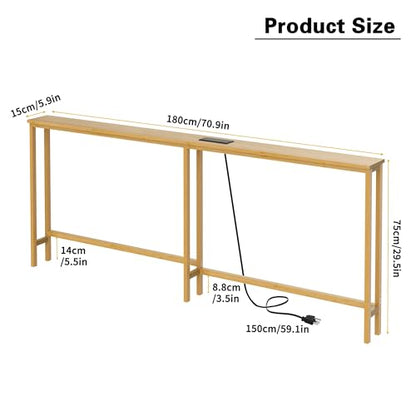 VASMIA 70.9 Inch Narrow Console Table with Outlet,Bamboo Behind Couch Sofa Table,Skinny Hallway Table for Entryway Living Room,Foyer,Natural - color: Natural, size: 5.91"D x 70.87"W x 29.52"H