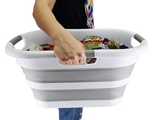 SAMMART 30L (7.9 gallon) Collapsible Plastic Laundry Basket - Foldable Pop Up Storage Container/Organizer - Portable Washing Tub - Space Saving Hamper/Basket (1, White/Grey) - color: White/Grey