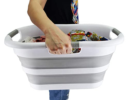SAMMART 30L (7.9 gallon) Collapsible Plastic Laundry Basket - Foldable Pop Up Storage Container/Organizer - Portable Washing Tub - Space Saving Hamper/Basket (1, White/Grey) - color: White/Grey