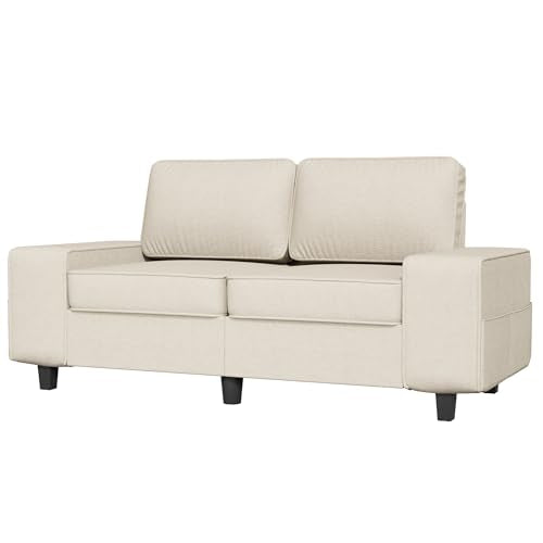 71" Small Loveseat Couch, 2 Seater Chenille Sofa with 4 Side Pockets, Removable and Washable Cushions, Mid Century Modern, Living Room, Apartment, Studio (Cream) - color: Cream Chenille, size: 71 "