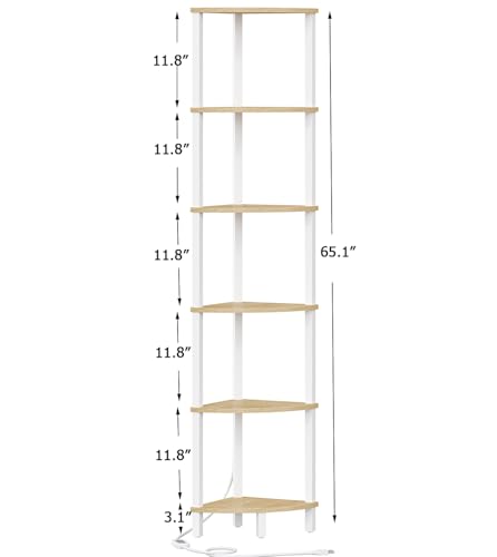 VIMBER 6-Tier Corner Shelf with LED Light, Industrial Corner Ladder Shelf, Rustic Display Shelf for Living Room, Bedroom, Kitchen, Home Office, Sturdy Frame, White and Nature Wood Color UJSJ002Q - color: White and Nature Wood, size: 6-Tier with LED