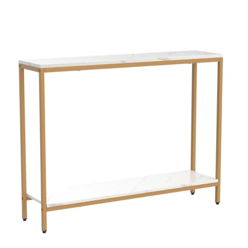 loglus Console Table for Entryway, Faux Marble MDF Indoors Sofa Table with Golden Frame for Small Rooms, Double Layer, White Marble, 9.45" D x 38.19" W x 29.72" H - color: White Marble, style: Double Layer