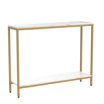 loglus Console Table for Entryway, Faux Marble MDF Indoors Sofa Table with Golden Frame for Small Rooms, Double Layer, White Marble, 9.45" D x 38.19" W x 29.72" H - color: White Marble, style: Double Layer