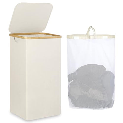 IEGrow Laundry Hamper with Lid,110L Laundry Basket with Mesh Bags,Beige | Dirty Clothes Hamper Basket with Bamboo Handle for Clothes Towels - color: Beige, size: 110L