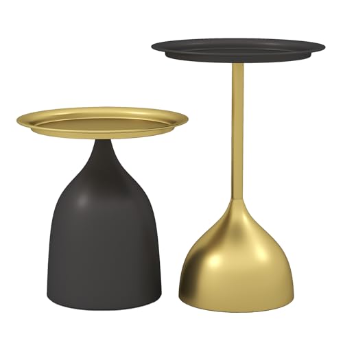 Benkyo Black and Gold Nesting Tables Pedestal Coffee Table Set of 2 Round Side Tables Metal End Table Small Circle Modern Sofa Table for Living Room - color: Black and Gold