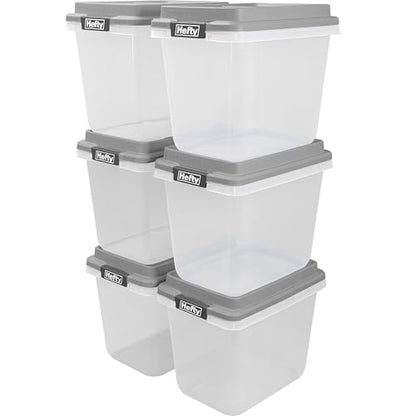Hefty 32 Qt Hi-Rise Storage Bin with Lid, Stackable Plastic Storage Container, Organizer for Home, Garage & Closet, 6 Pack, Gray - size: 32 QT - 6 Pack