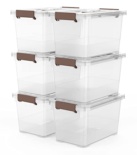 WYT 6-Pack Clear 7 Quart Storage Latch Box/Bins, Plastic Stackable Latching Box with Brown Handle and Lid, Multi-Purpose, 7 Litre - size: 7qt - 6 pack