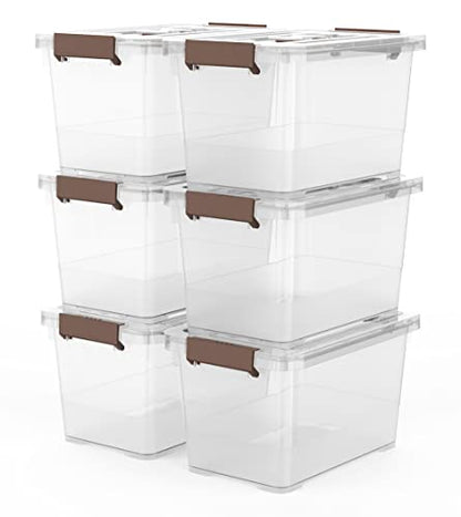WYT 6-Pack Clear 7 Quart Storage Latch Box/Bins, Plastic Stackable Latching Box with Brown Handle and Lid, Multi-Purpose, 7 Litre - size: 7qt - 6 pack