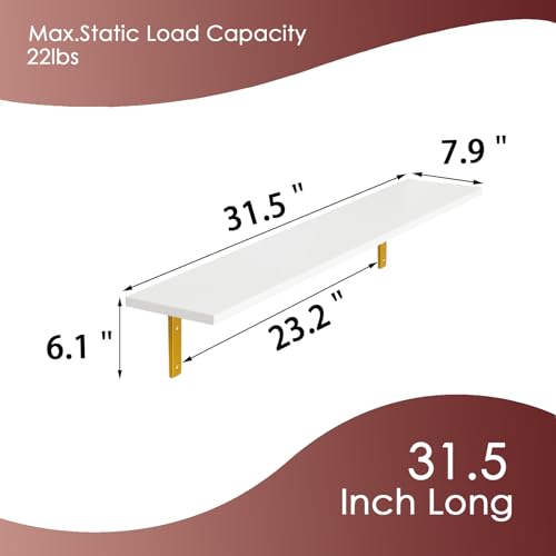 Long Wall Shelves, 31.5Inch Wooden Wall Mounted Shelves, Set of 4 | Large Floating Book Shelf, Metal Brackets, Easy Assembly, Max Load 22lbs, Wall Storage Ledges, Bedroom/Bathroom, White & Gold - color: White and Gold, size: 31.5 Inch (4 Pack)