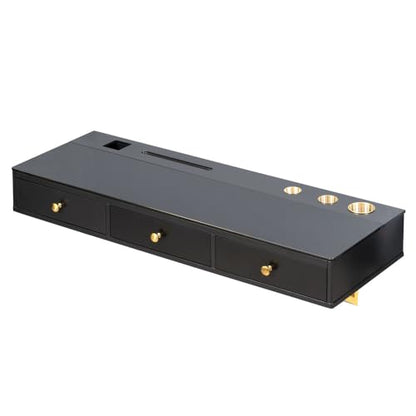 47" Floating Shelf with Drawer, Multi-Purpose Wall-Mounted Vanity Table, Mounted Desk, Floating Table for Bedroom, Bathroom, Hairdressers, Black and Golden (Black + MDF+Glass + 3 Drawers)