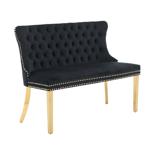 Black Velvet Dining Bench with Back, Tufted Banquette Seating, Gold Legs | Upholstered loveseat bench; tufted back; nailhead trim; 500 lb capacity; foam and spring seat; dining room or entryway - color: Black(gold Stainless Steel Legs)